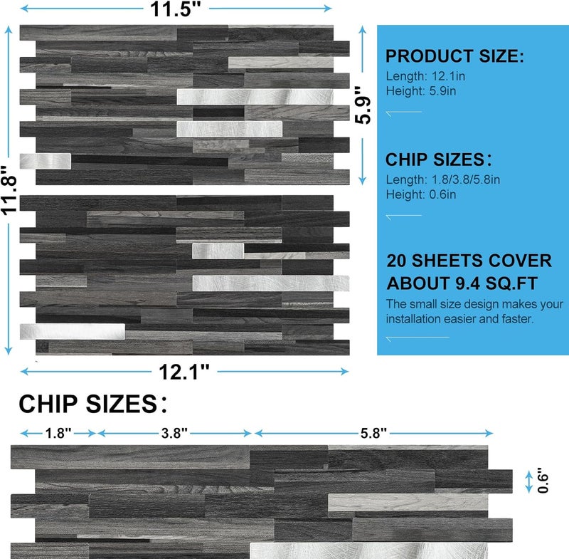 V-MOZZA Black Mixed Silver Peel and Stick Modern Geometric PVC Kitchen Wall Backsplash, 20 Sheets, 9.4 sq ft Coverage - Image 4